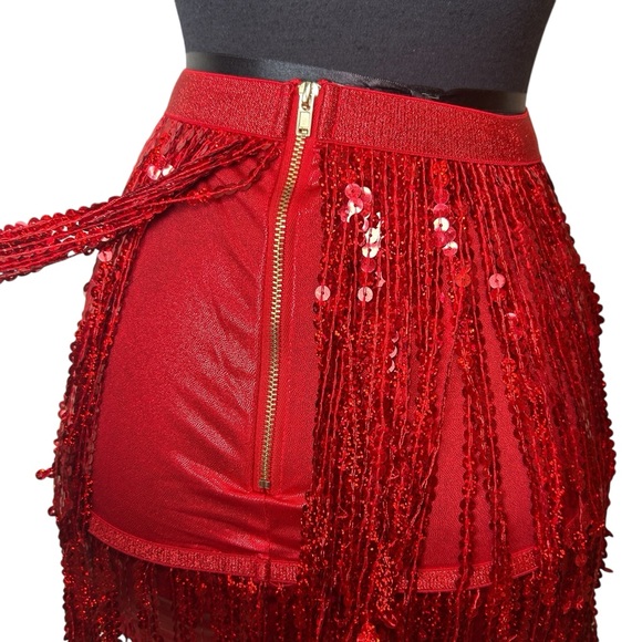 Red Sequins Fringe Skirt High Shine Shimmer Metallic, Performance Wear SZ S - Picture 4 of 17